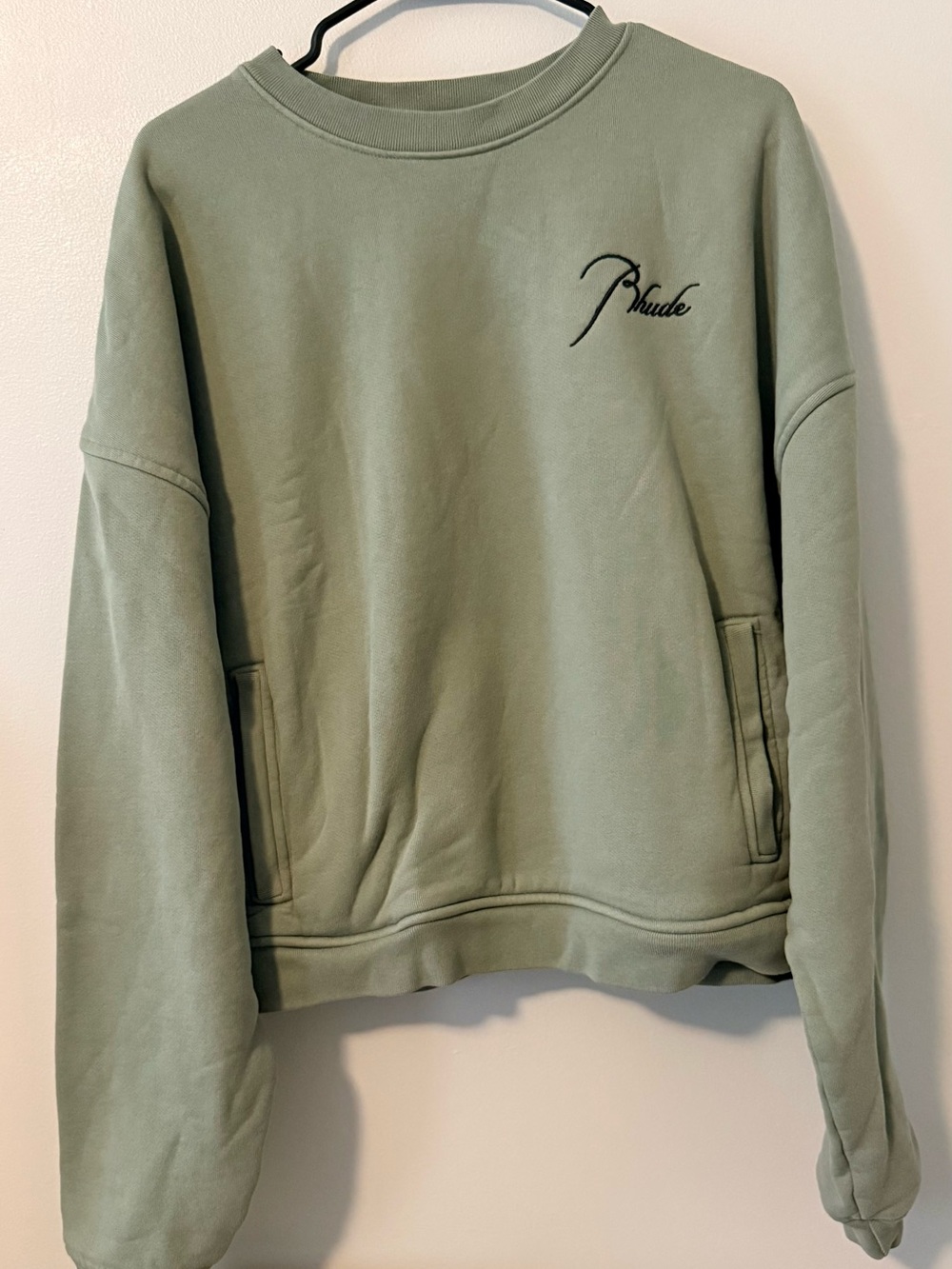 NWOT Rhude Sage Green Crewneck Pullover with Embroidered Script
